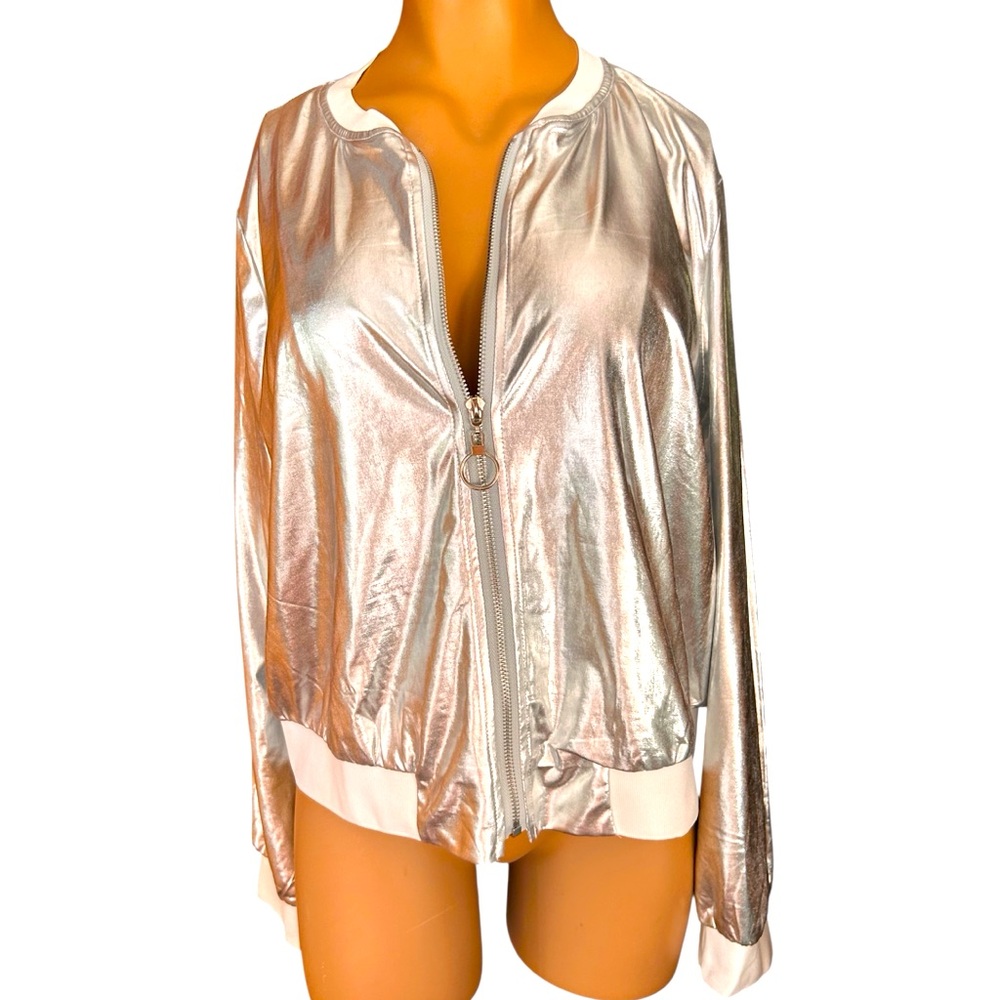 Allegra K Metallic Silver Women's Bomber Jacket